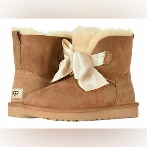Ugg Gita Satin Bow Mini Booties in Chestnut Suede